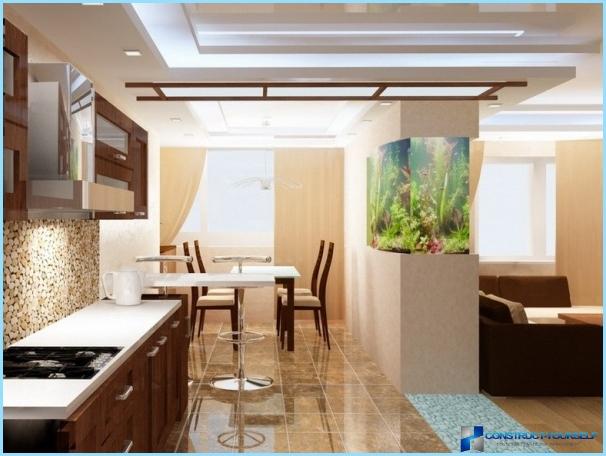 Projects kitchen, combined with living room