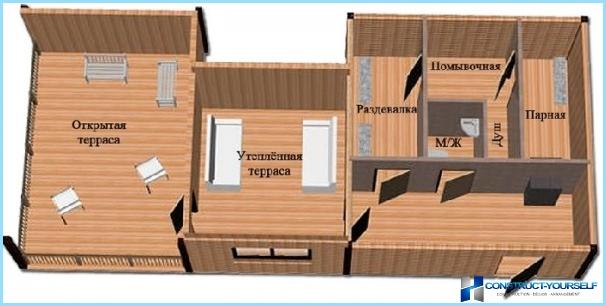 Progetti di uno stabilimento balneare con terrazza e case