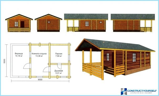 Projekte eines Badehauses mit Terrasse und Häusern