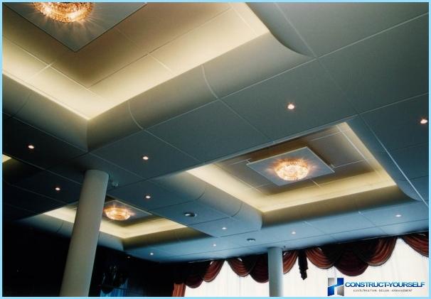 Дизайнът на тавана в залата със снимка