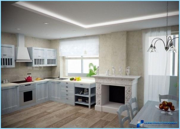Design kitchen-living room with fireplace