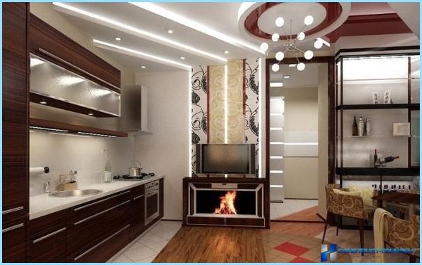 Design kitchen-living room with fireplace