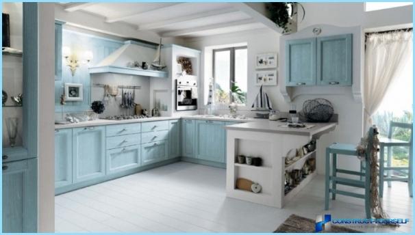 Kitchen in white and blue tones