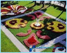 Beautiful design and decoration of flower beds and flower beds at the cottage