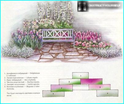 Blomsterrabatt med liljor i rosa och lila färger